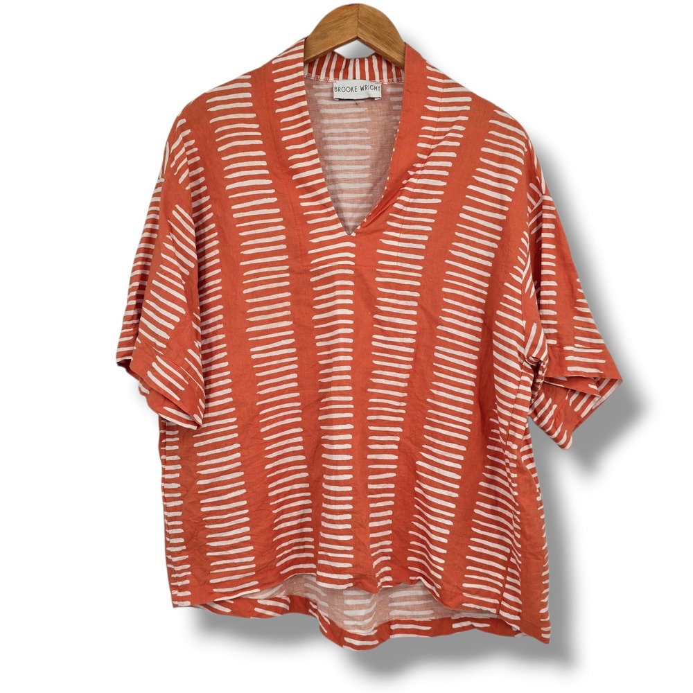 Brooke Wright Orange White Striped Cotton‎ Linen V-Neck Tunic Top Made in USA